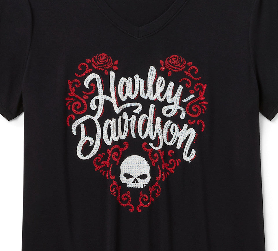 Maglietta a maniche corte con scollo a V e motivo Bling H-D Roses da donna
