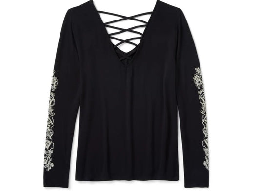 Maglietta da donna a maniche lunghe con scollo a V e lacci sul retro, motivo Bling Chrome & Roses - Harley Black