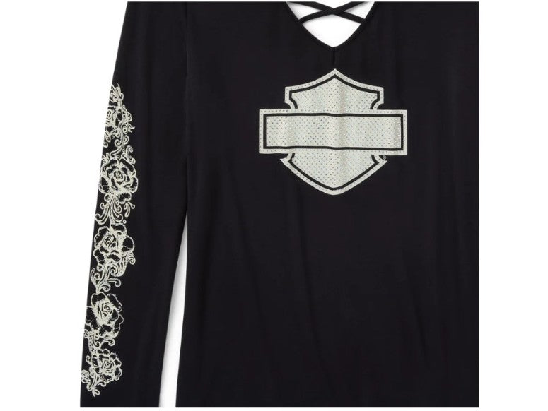 Maglietta da donna a maniche lunghe con scollo a V e lacci sul retro, motivo Bling Chrome & Roses - Harley Black