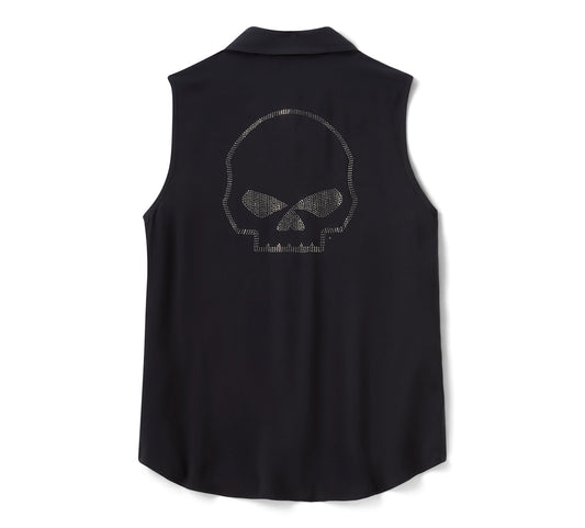 Camicia senza maniche in tessuto Willie G Skull Bling da donna - Harley Black