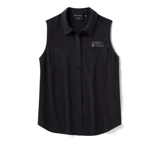 Camicia senza maniche in tessuto Willie G Skull Bling da donna - Harley Black