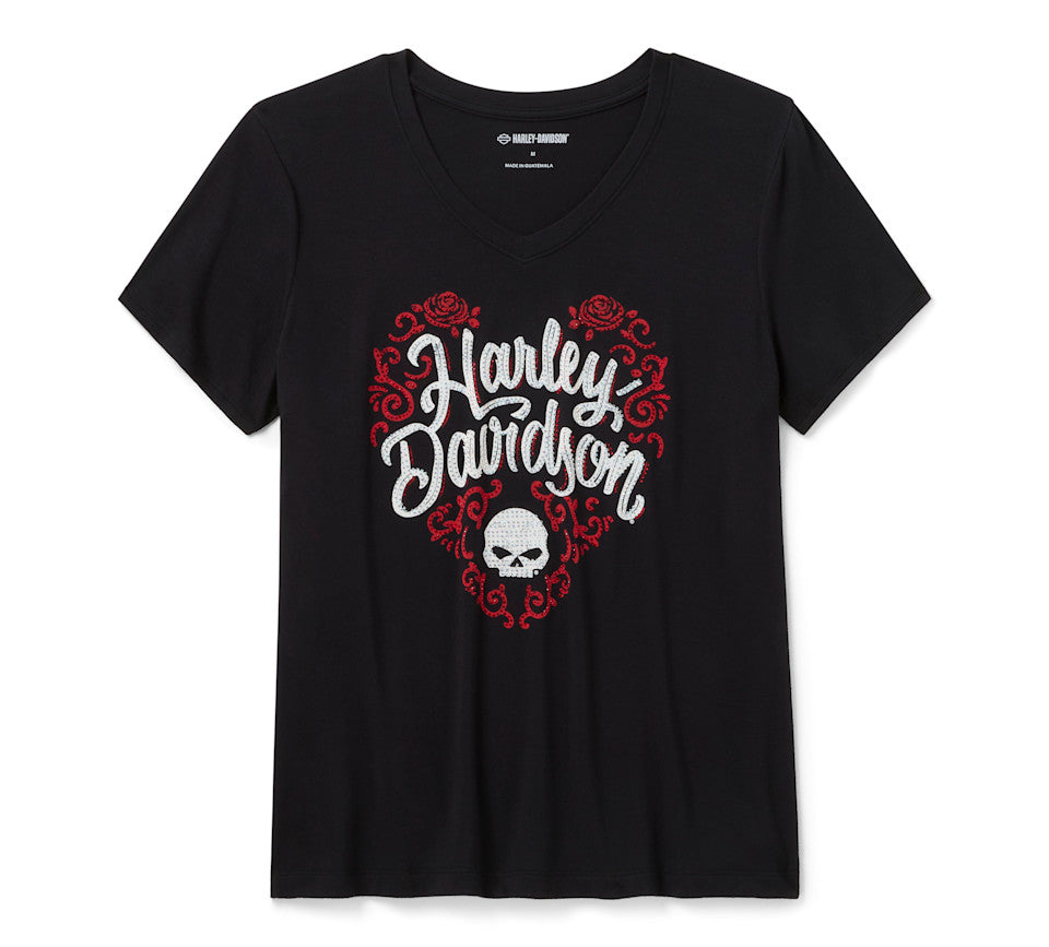 Maglietta a maniche corte con scollo a V e motivo Bling H-D Roses da donna