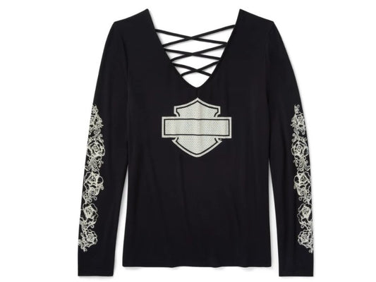 Maglietta da donna a maniche lunghe con scollo a V e lacci sul retro, motivo Bling Chrome & Roses - Harley Black