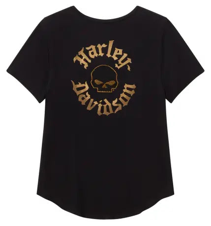 T-shirt da donna Harley-Davidson con scollo a V e teschio di Willie G, nera.