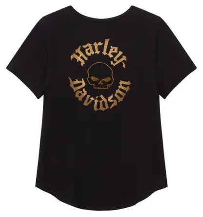 T-shirt da donna Harley-Davidson con scollo a V e teschio di Willie G, nera.