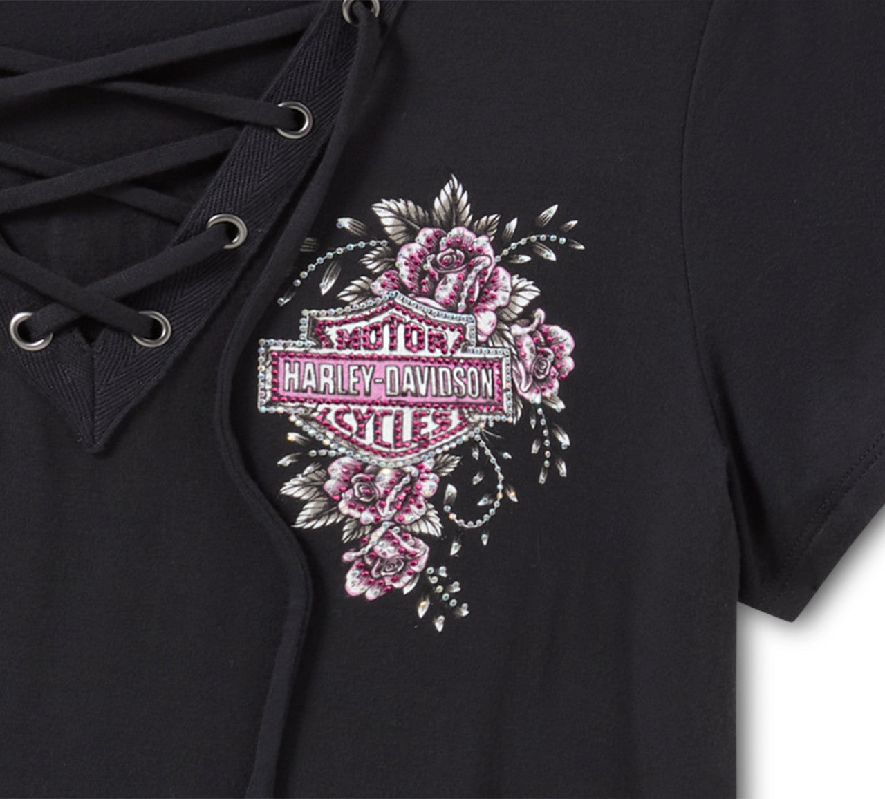 Maglietta Bling da donna a maniche corte con allacciatura frontale e ali d'angelo - Harley Black