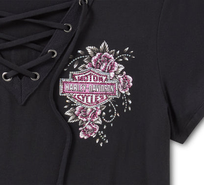 Maglietta Bling da donna a maniche corte con allacciatura frontale e ali d'angelo - Harley Black