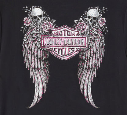 Maglietta Bling da donna a maniche corte con allacciatura frontale e ali d'angelo - Harley Black