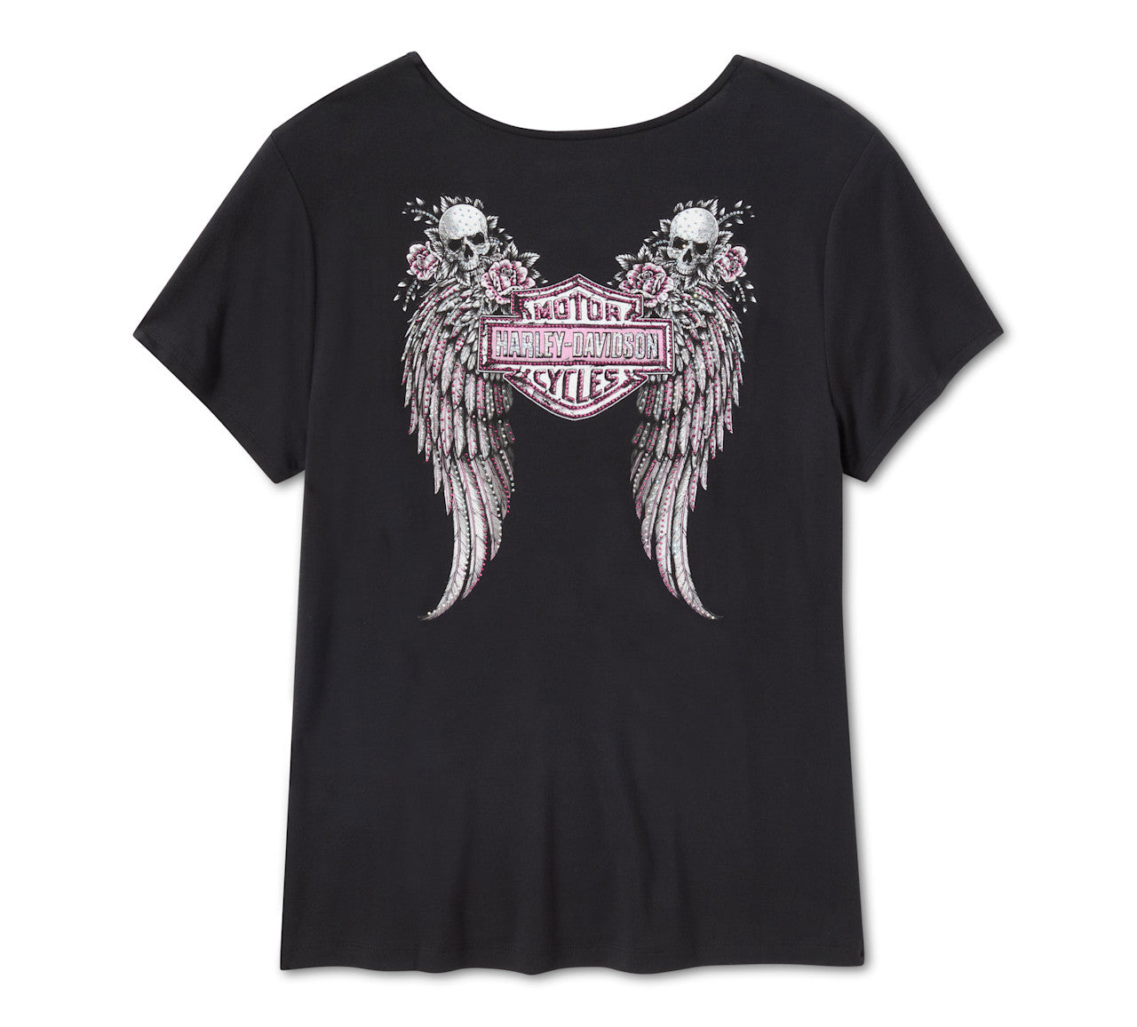 Maglietta Bling da donna a maniche corte con allacciatura frontale e ali d'angelo - Harley Black