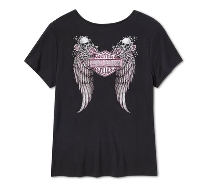 Maglietta Bling da donna a maniche corte con allacciatura frontale e ali d'angelo - Harley Black