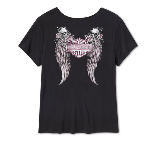 Maglietta Bling da donna a maniche corte con allacciatura frontale e ali d'angelo - Harley Black