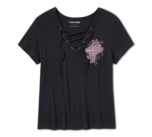 Maglietta Bling da donna a maniche corte con allacciatura frontale e ali d'angelo - Harley Black
