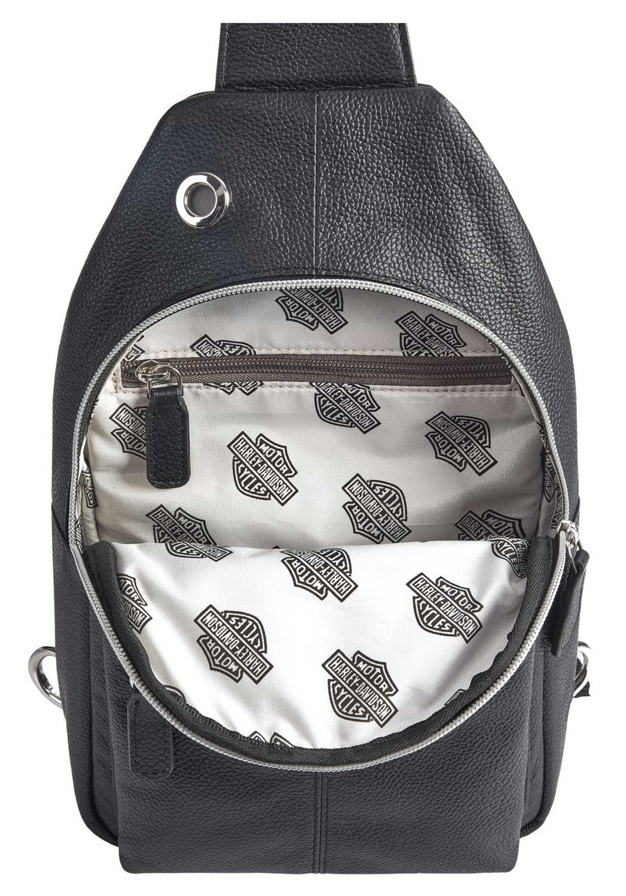 Zaino a tracolla Harley-Davidson® in vera pelle, logo Bar & Shield - Nero