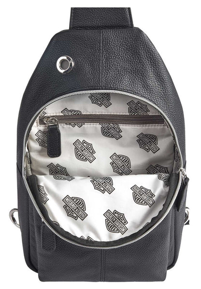 Zaino a tracolla Harley-Davidson® in vera pelle, logo Bar & Shield - Nero