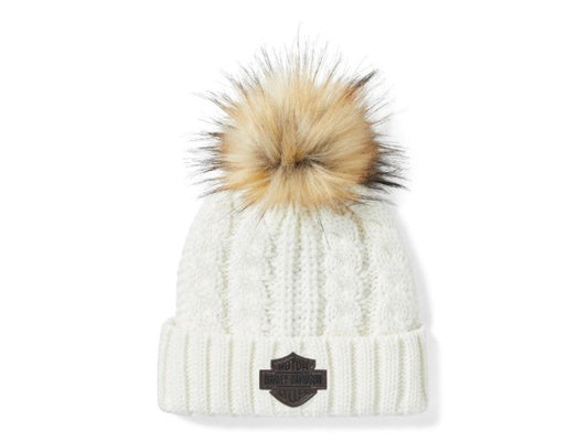 Leather Patch Pom Beanie